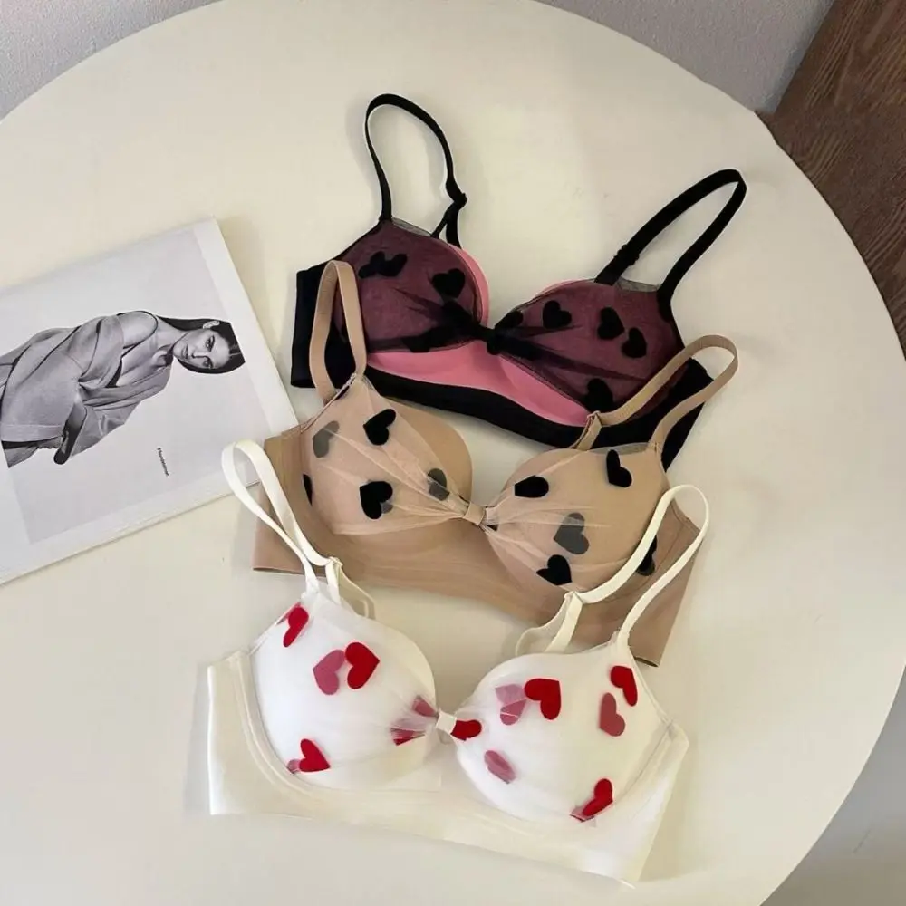 

Fashion Mesh Bow Wireless Deep V Bra Anti-sagging Heart Push Up Underwear Lingerie Gathered Breasts Seamless Bra Girls