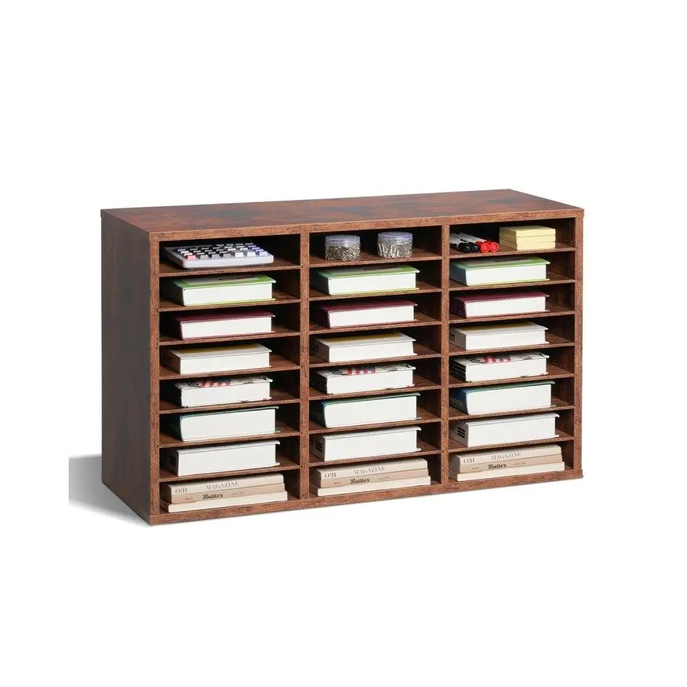 24 Compartment Wooden Mailbox Organizer Particle Board Storage Office Classroom File Sorter Dark Brown Document Holder