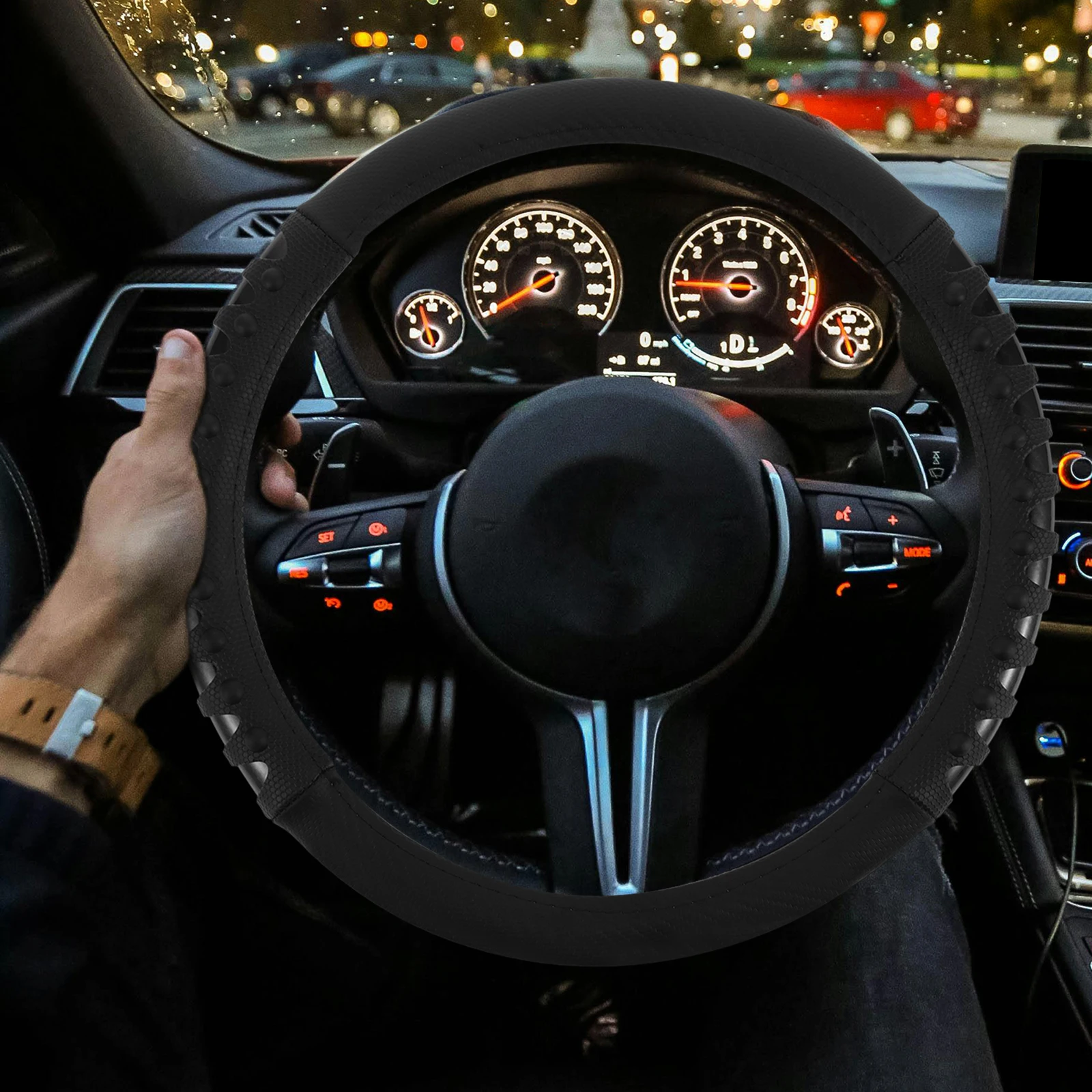 

Universal Cover Fake Carbon Fiber Texture Anti Slip Durable Grip Comfortable All Seasons Car Steering Wheel Protector