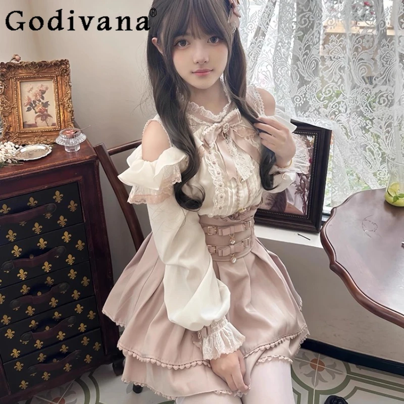 

Female Lolita Style Sweet Skirt Set Japanese Ruffled Shirt Pink High Waisted Skirt Two Piece Suit Spring Autumn Set for Women