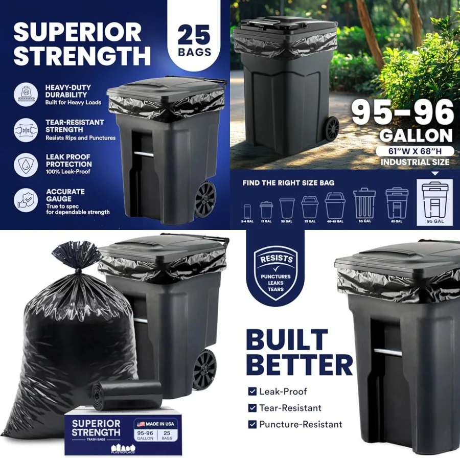 

95-96 Gallon Garbage Can Liners 2 Mil Black Heavy Duty Trash Bags 61 x 68, 25 Count