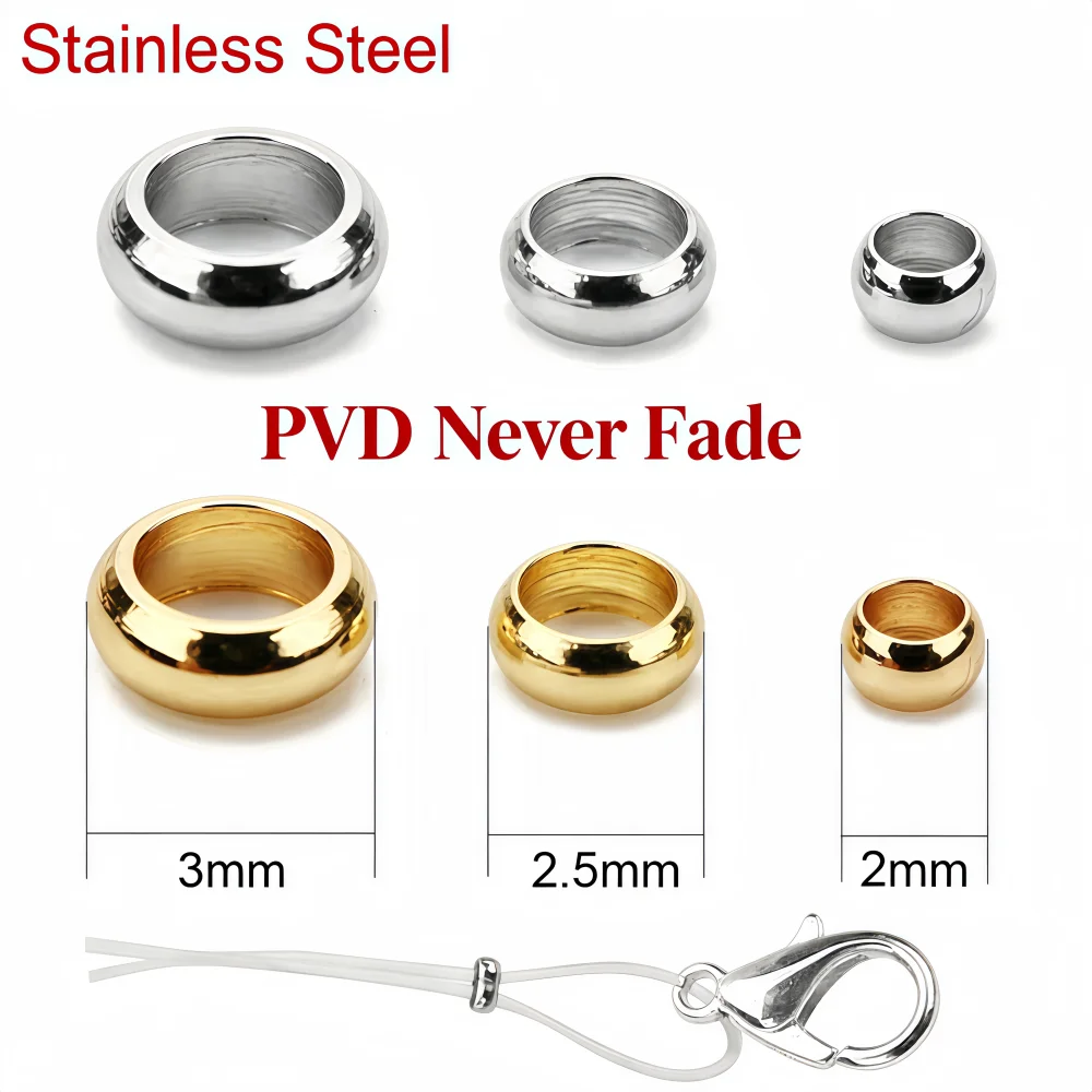 100Pcs 1/2/2.5/3/4/5/6/8mm Stainless Steel Gold Ring Spacer Beads Big Hole Stopper Beads Charm for DIY Bracelet Jewelry Making