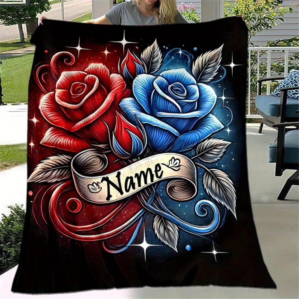 Custom name red and blue rose flannel blanket, soft blanket, suitable for sofa, bed, birthday, children, friends, gifts