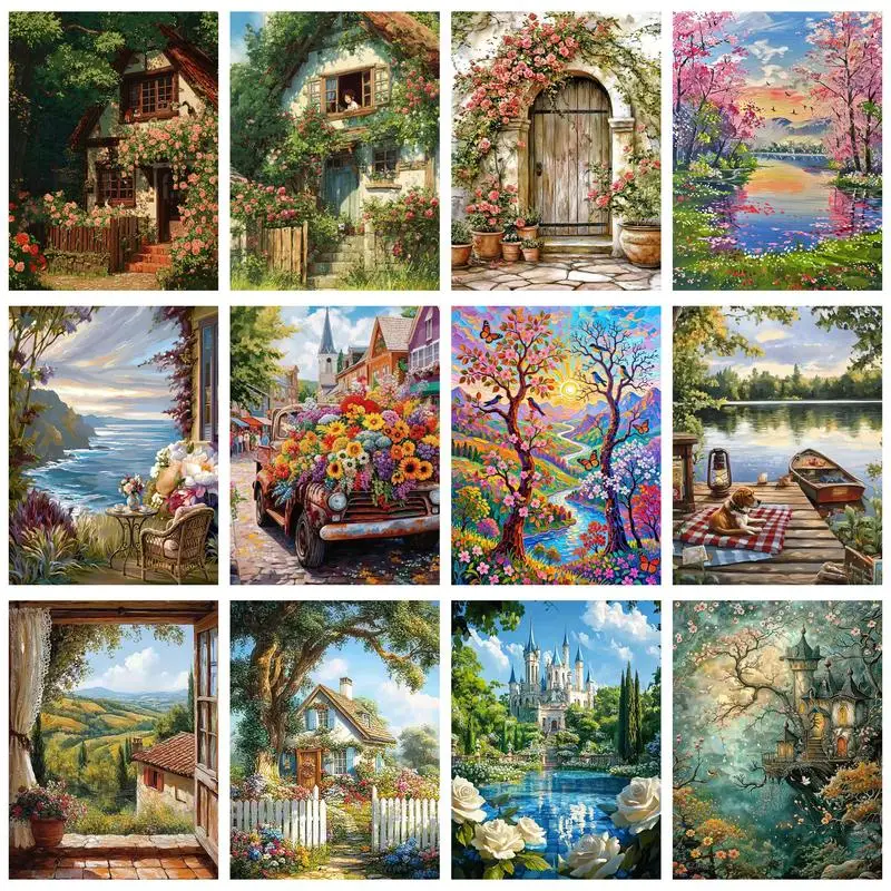 

CHENISTORY DIY Painting By Number spring scenery Drawing On Canvas Pictures By Numbers Hand Painted Paintings Art Home Decor