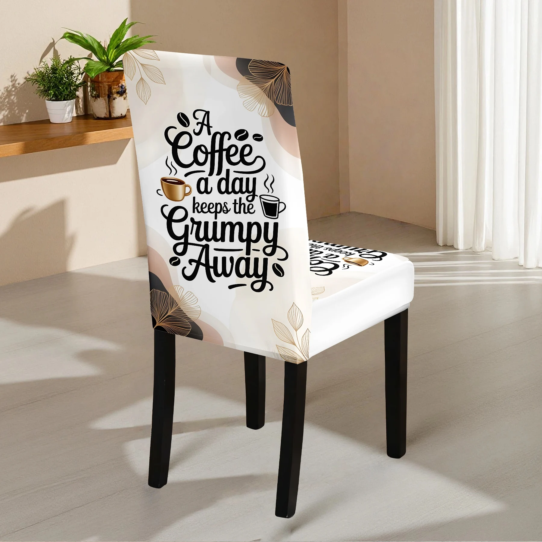 2024 New Elastic All - inclusive Chair Cover, Coffee Pattern Print, A Coffee a Day Keeps the Grumpy Away D