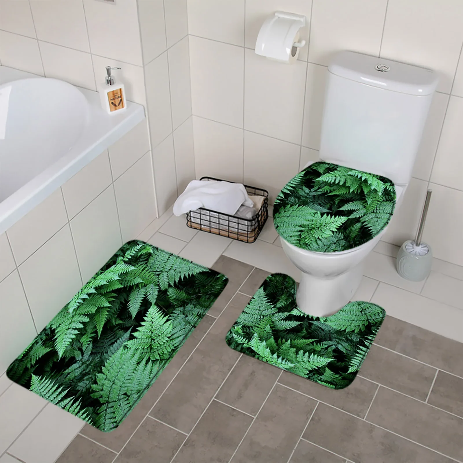 3pcs Tropical Palm Leaf Bathroom Mat Sets Green Plant Flower Floral Shower Rugs Carpet Toilet Lid Cover Anti Slip Bathroom Decor