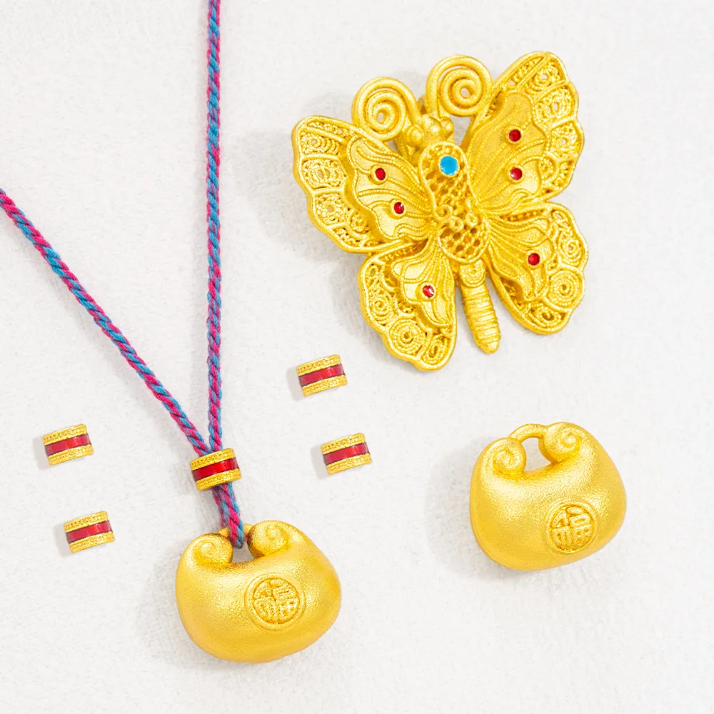 إكسسوارات حقيبة محظوظة على شكل فراشة على الطراز الصيني الجديدة يمكنك صنعها بنفسك قلادة ذهبية رملية وسوار قلادة مجوفة