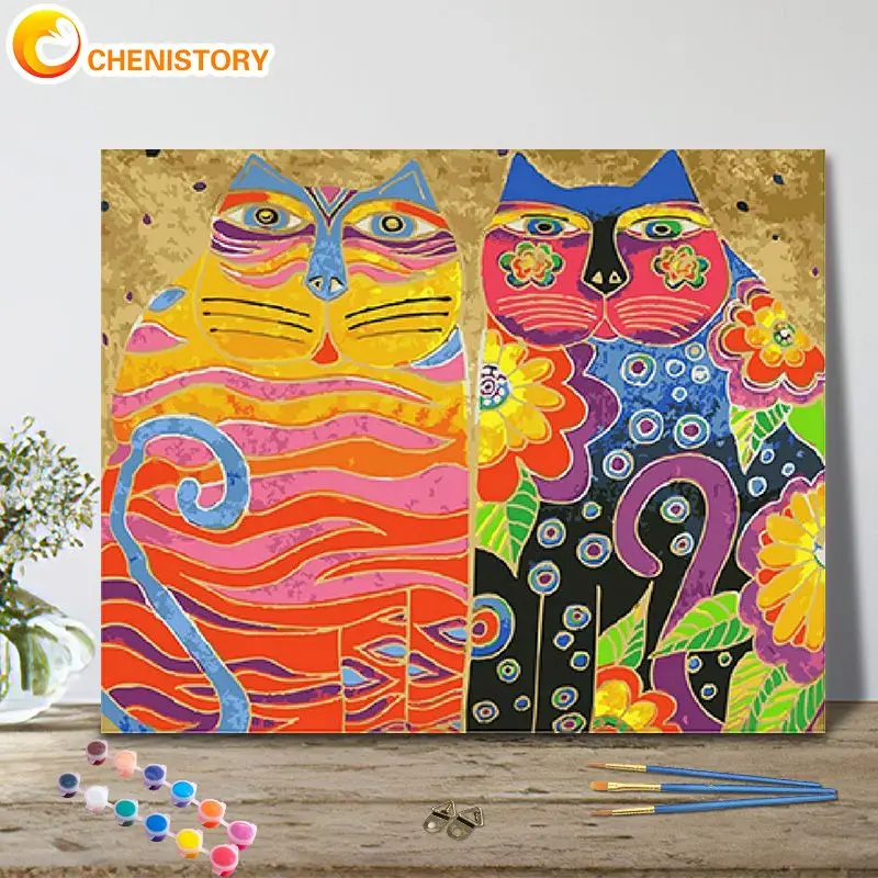 

CHENISTORY Oil Painting By Number Abstract Cartoon Cat Kits For Adults Picture By Number Animals On Canvas Home Decor