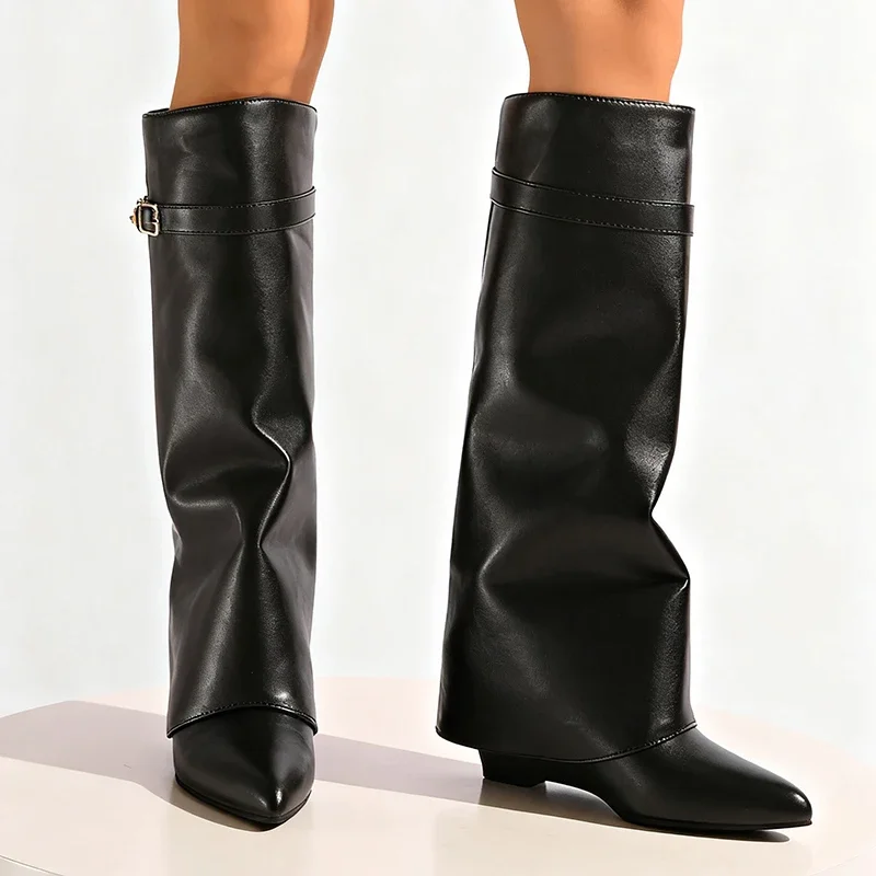 Black Pu Leather Knee High Boots Women Sexy Pointed Toe Straight Leg Boots Woman Punk Style Wedge High Heels Long Botas Mujer