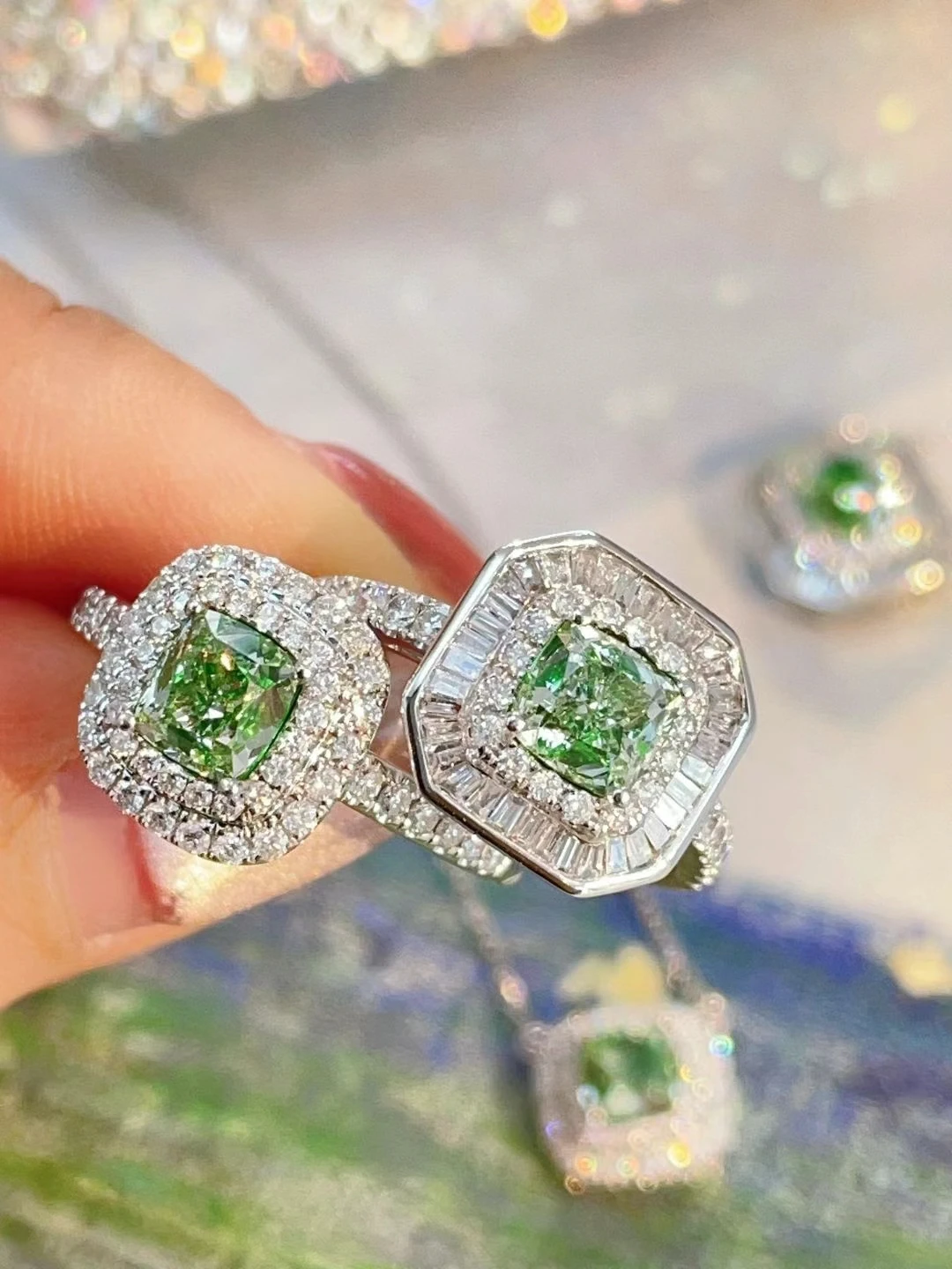 18K real gold Lab growth diamond Green diamond pillow square surround set ladder square diamond wedding ring necklace set custom