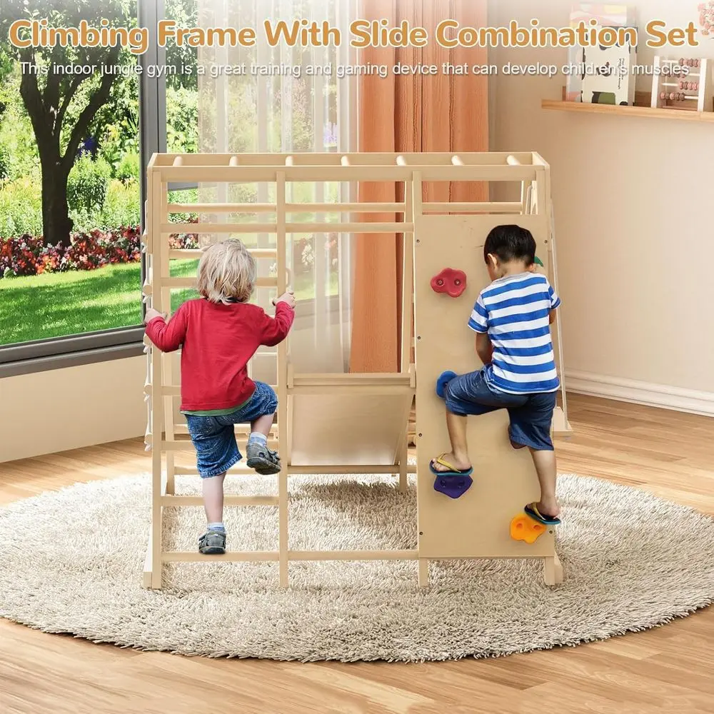 صالة الألعاب الرياضية للغابة مونتيسوري الداخلي الكل في واحد للأطفال: الشريحة، التأرجح، القضبان، جدار الصخور، الخشب الطبيعي، الأعمار 3-8، التوازن والتنسيق #2