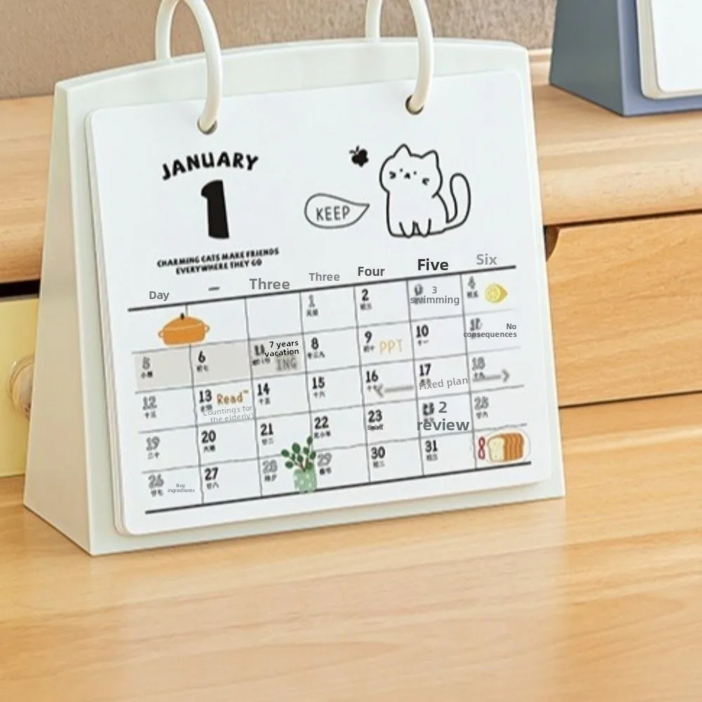 Home Decor Plastic 2026 Desktop Calendar Cartoon Portable Standing Flip Calendar Stable Base Cat Pattern Daily Planner School