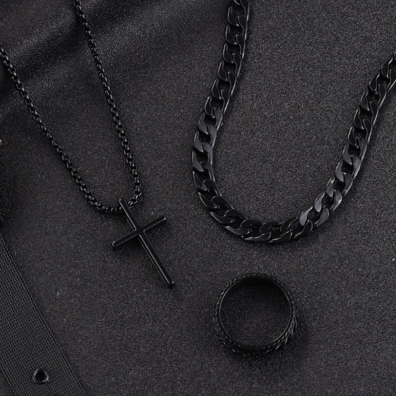 3pcs/set Punk Black Cross Pendant Necklace Thick Chain Bracelet Ring Fashion Jewelry Sets Men for Autumn