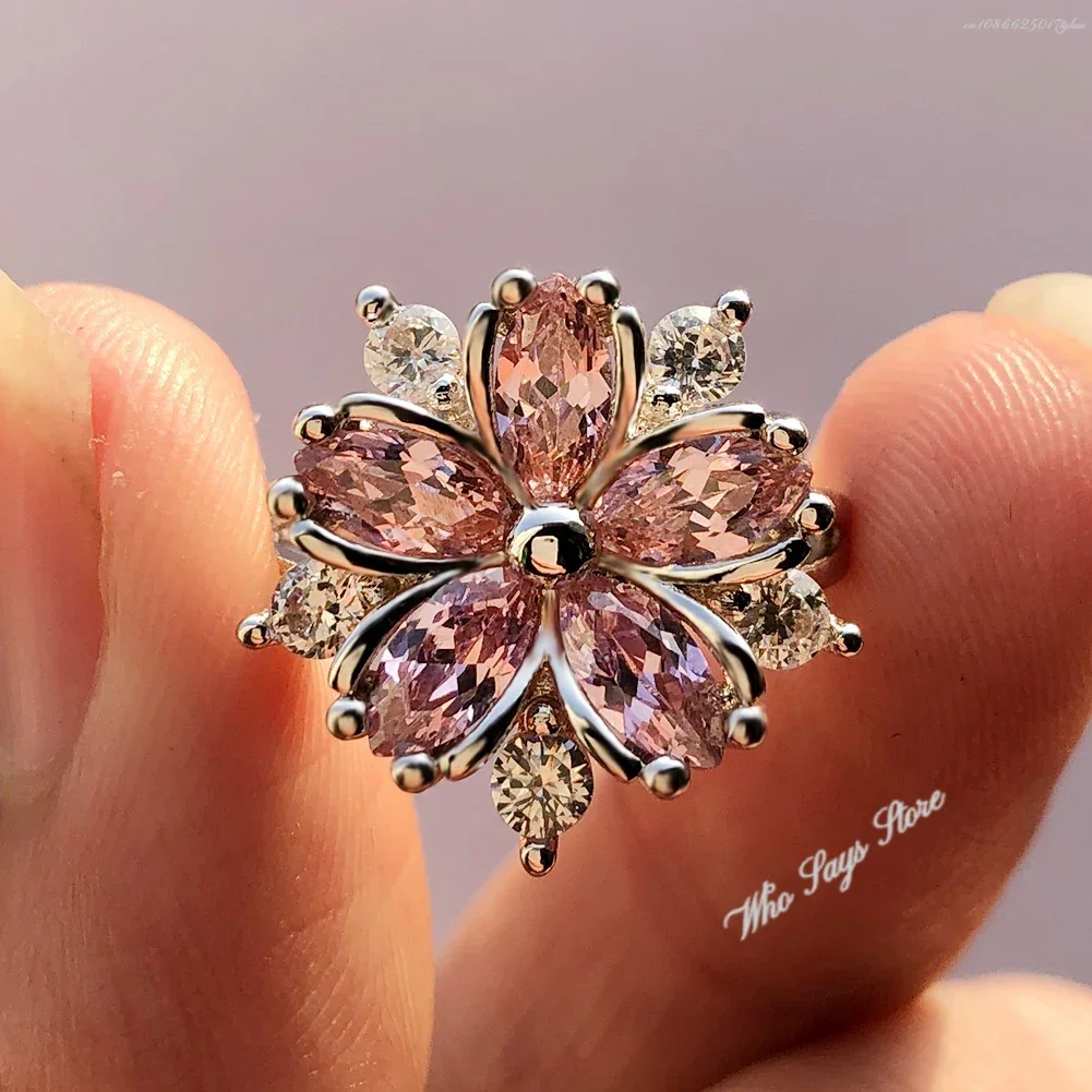 Cute Female Pink Crystal Stone Ring Charm Silver Color Thin Wedding Rings for Women Bride Flower Zircon Кольцо Женское Кольца