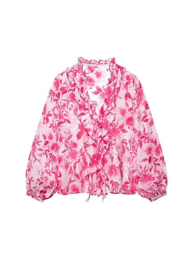 

KUCLUT Women Fashion Printed Ruffled Pullover Blouse Vintage V-Neck Long Sleeves Female Chic Lady Shirts
