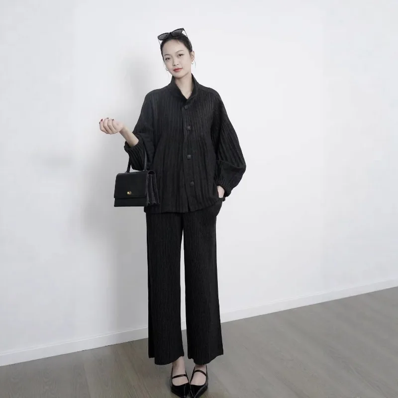 2025 مياكي مطوي السراويل دعوى ربيع خريف جديد بلون سترة الوقوف طوق سترة السراويل المستقيمة قسم سميك عادية #2