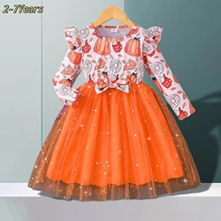 Halloween Girl Costume Children Dress Party Mesh Horror Theme Long Sleeve Orange Pumpkin Halloween Baby Girl Set 2-7 Yrs