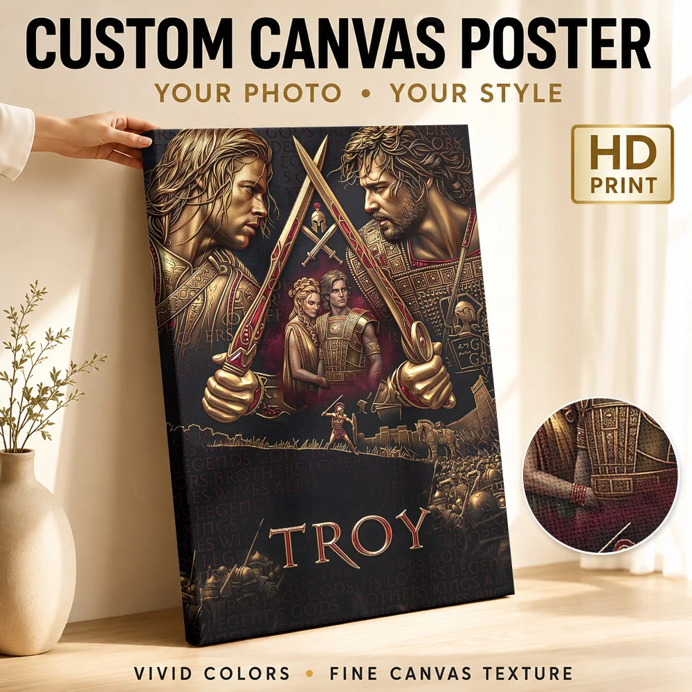Troy Movie  Art Canvas Painting Poster Customized Vintage Movie Canvas Wall Art for Man Cave Decor Ready to Hang Gift for Fans