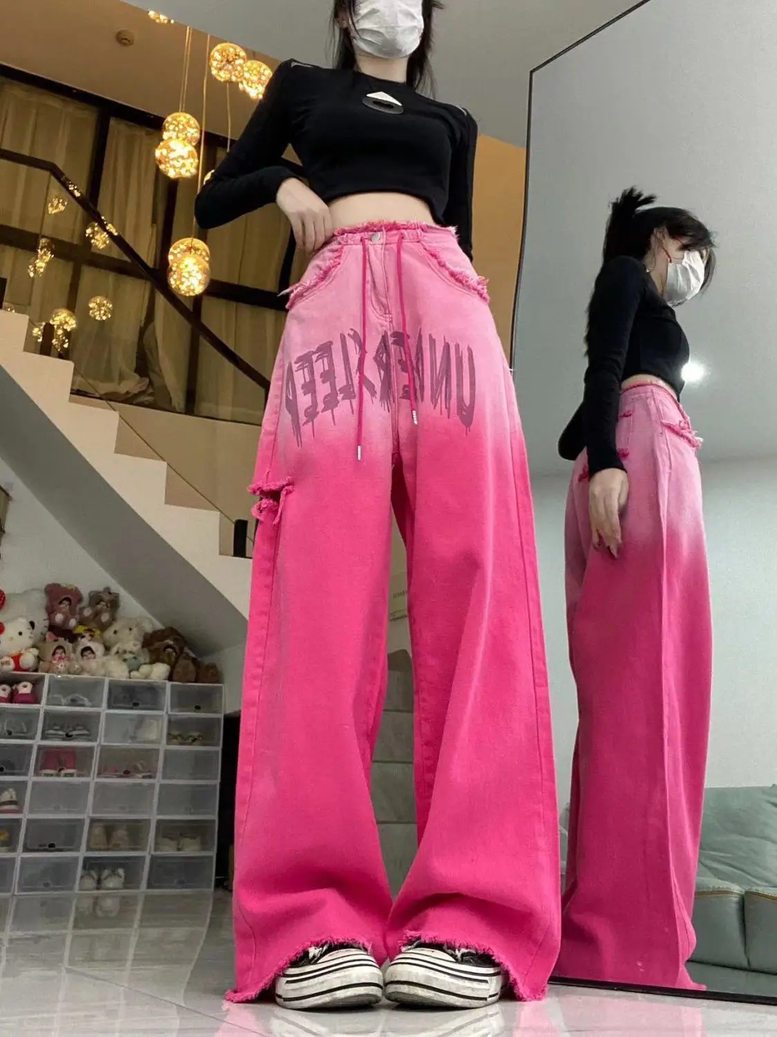 Gradient Pink Jeans Jeans For Women High Street Letter Loose Drawstring Jeans New Fashion High Waisted Wide Leg Pants