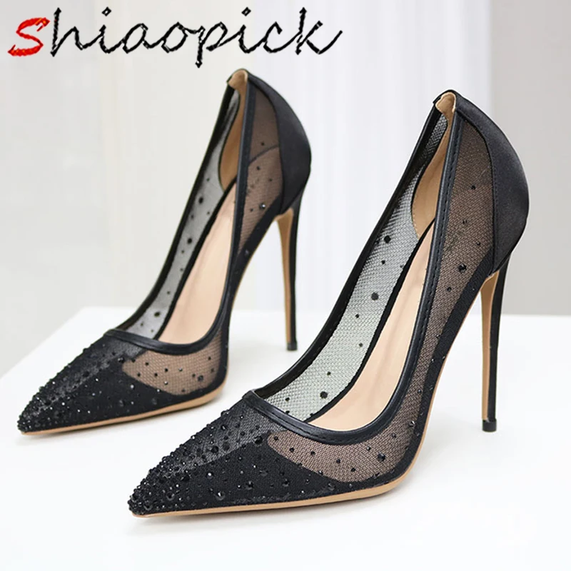

Black Mesh Woman High Heels Pumps Stilettos Pointed toe Breathable Miss ology Party evening Christmas Gift Female Shoes Size46