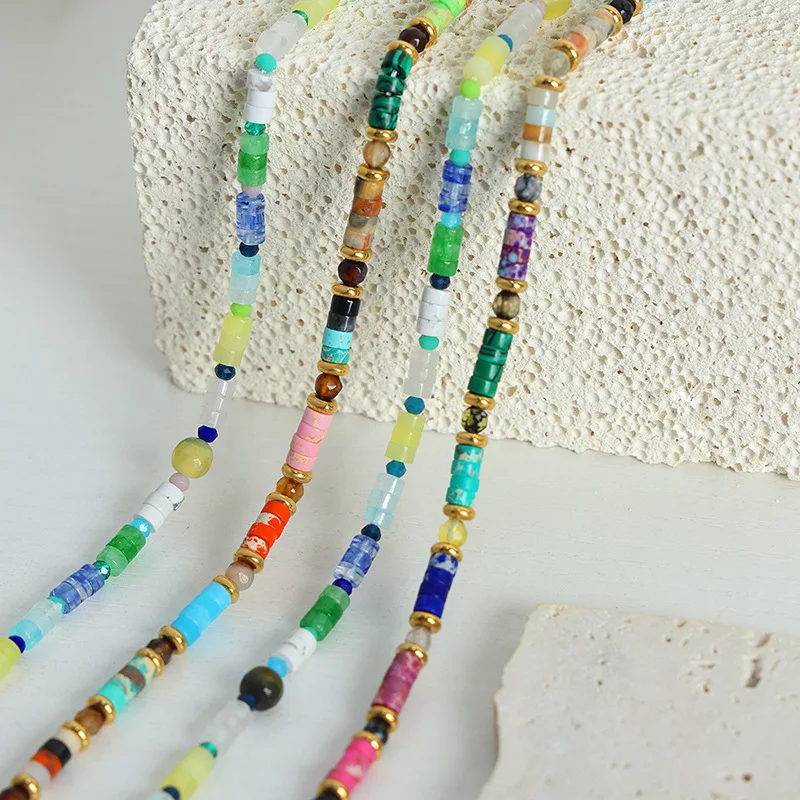 TOFFLO Stainless Steel Jewelry Colorful Natural Stone Handmade Beaded Necklace For Women's Fashionable Collarbone Chain BSP1656