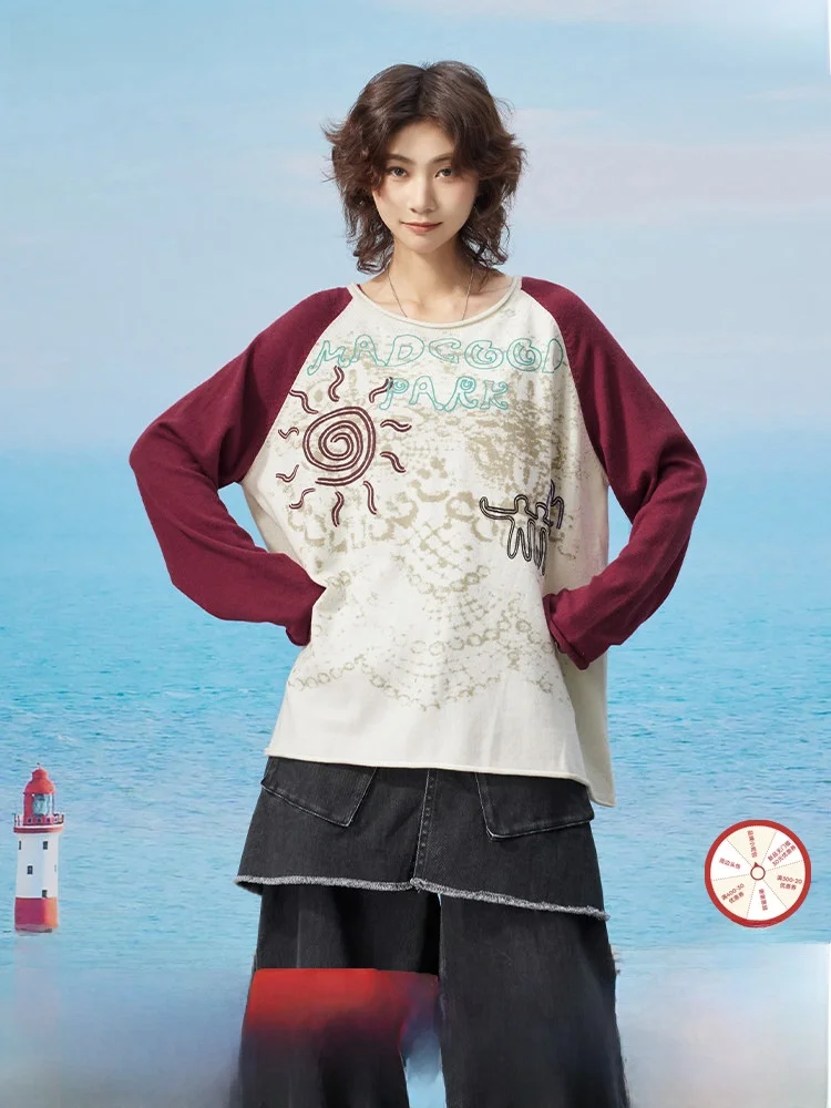 

Футболка Maood свободного кроя с принтом на рукавах, с круглым вырезом, из смесового полиэстера, с длинными рукавами, для повседневной носки