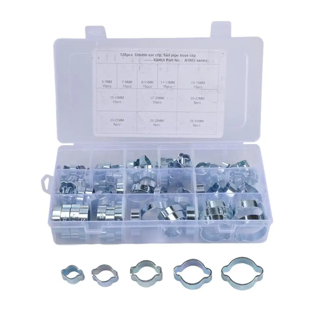 128-Pcs Zinc Plated Double Ear O Clips Hose Tube Fuel Clamp Assortment Kit -