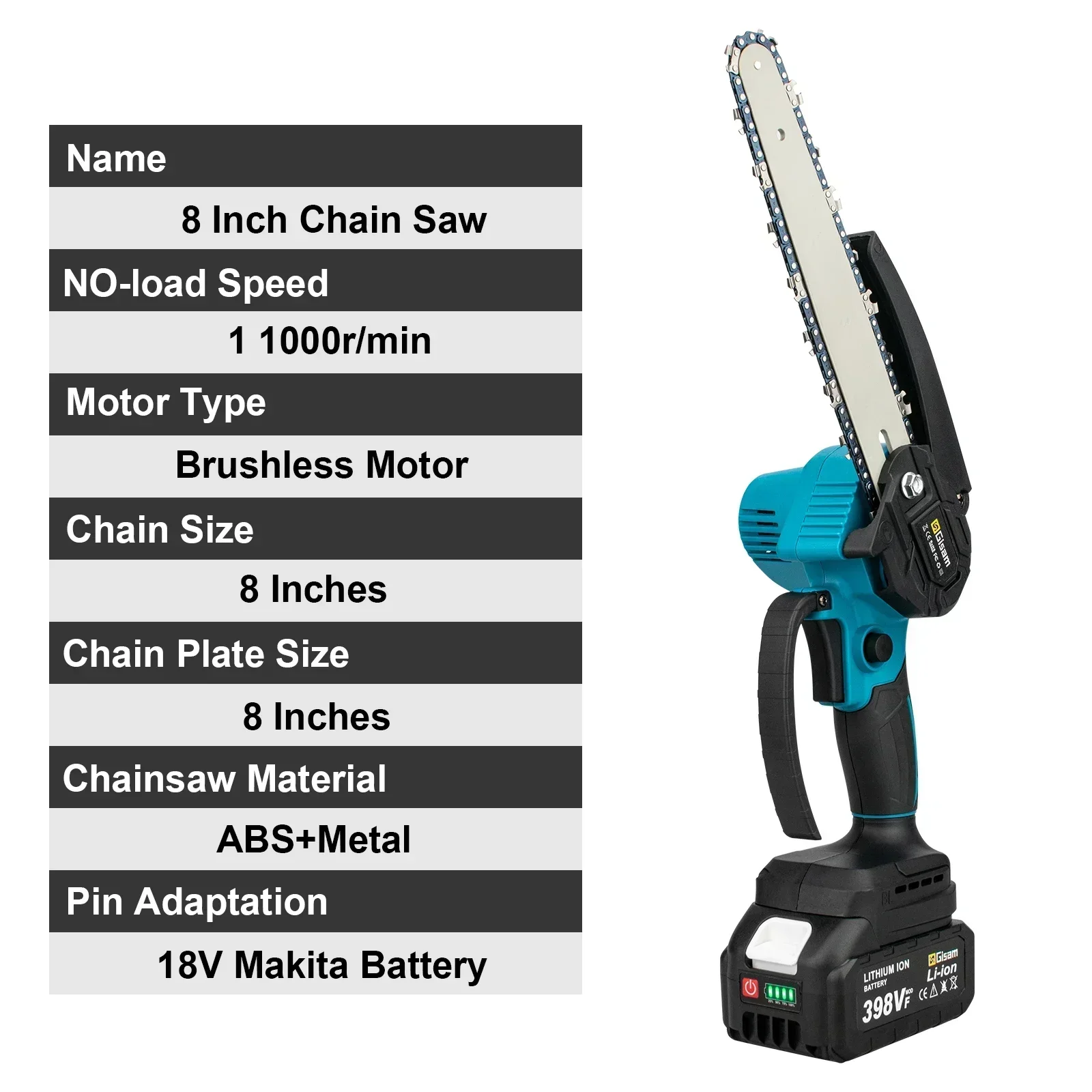 Gisam 8Inch Brushless Electric Saw Handheld Wood Logging Electric Chainsaw Garden Pruning Wood Power Tool for Makita 18V Battery