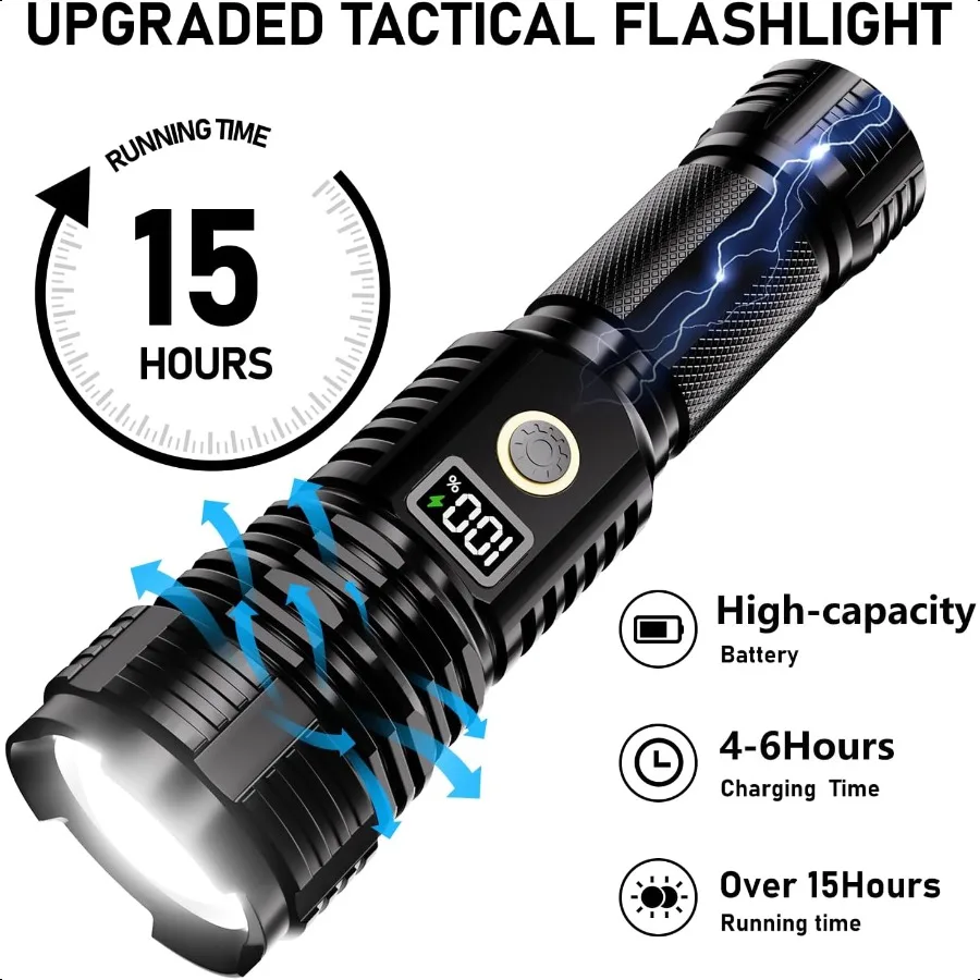 Linternas de alto lúmenes recargables 2000LM LED er luz de Flash brillante linternas con zoom con pantalla Digital LCD 5 modos Waterp