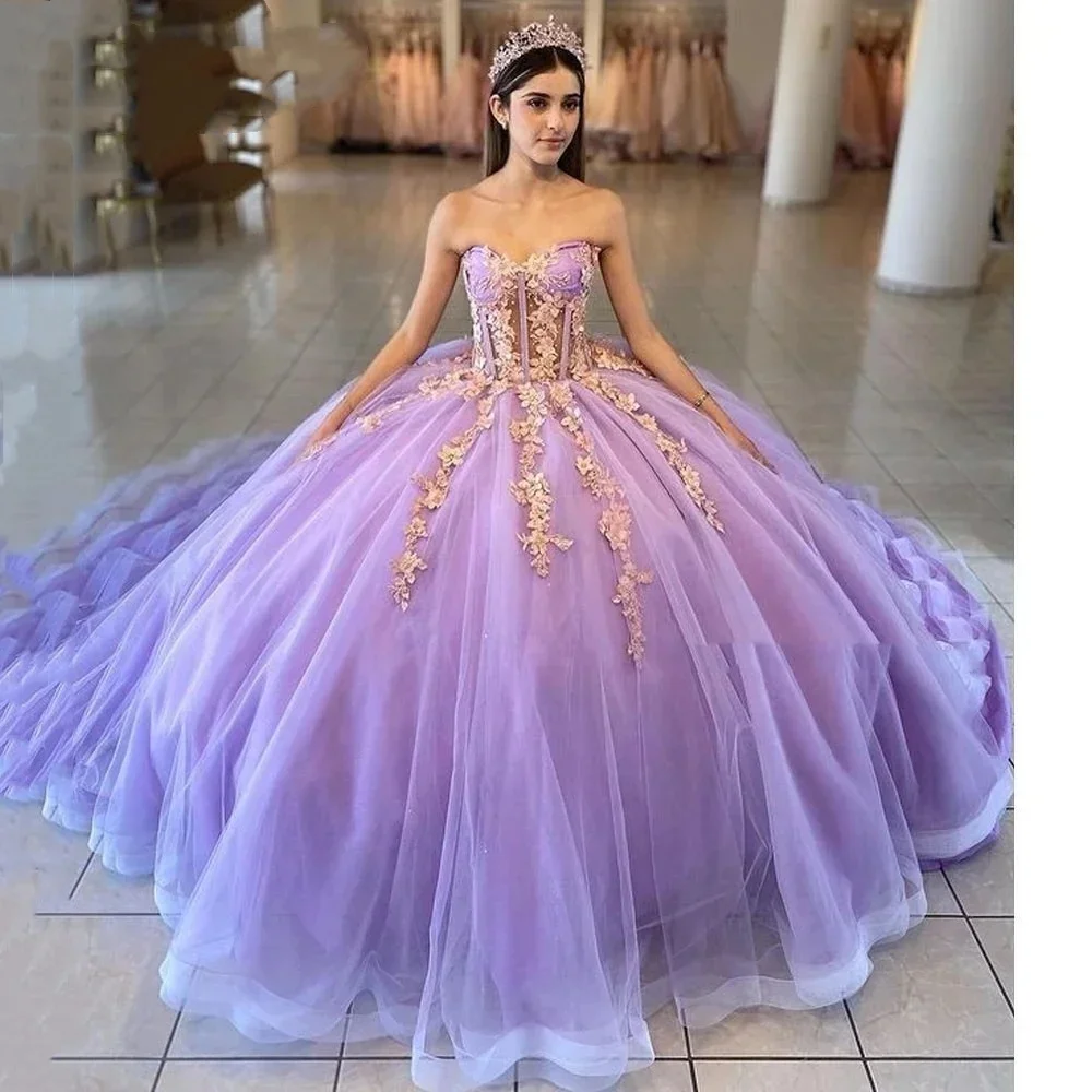 Applikationen Quince anera Kleider Ballkleid Schatz Sweep Tüll Party Prinzessin süß 16 Kleid Vestidos de Fiesta