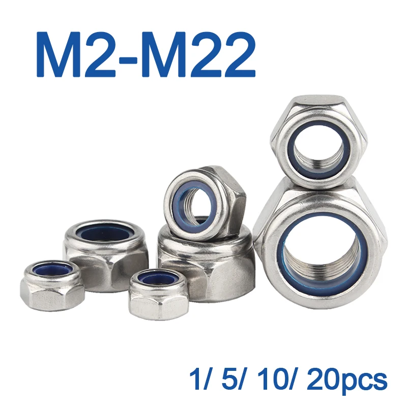 

1/ 5/ 10/ 20pcs M2 M2.5 M3 M4 M5 M6 M8 M10 M12 M14 M16 M18 M20 M22 304 Stainless Steel Nylon Self-lock Hex Nuts Locknut DIN985