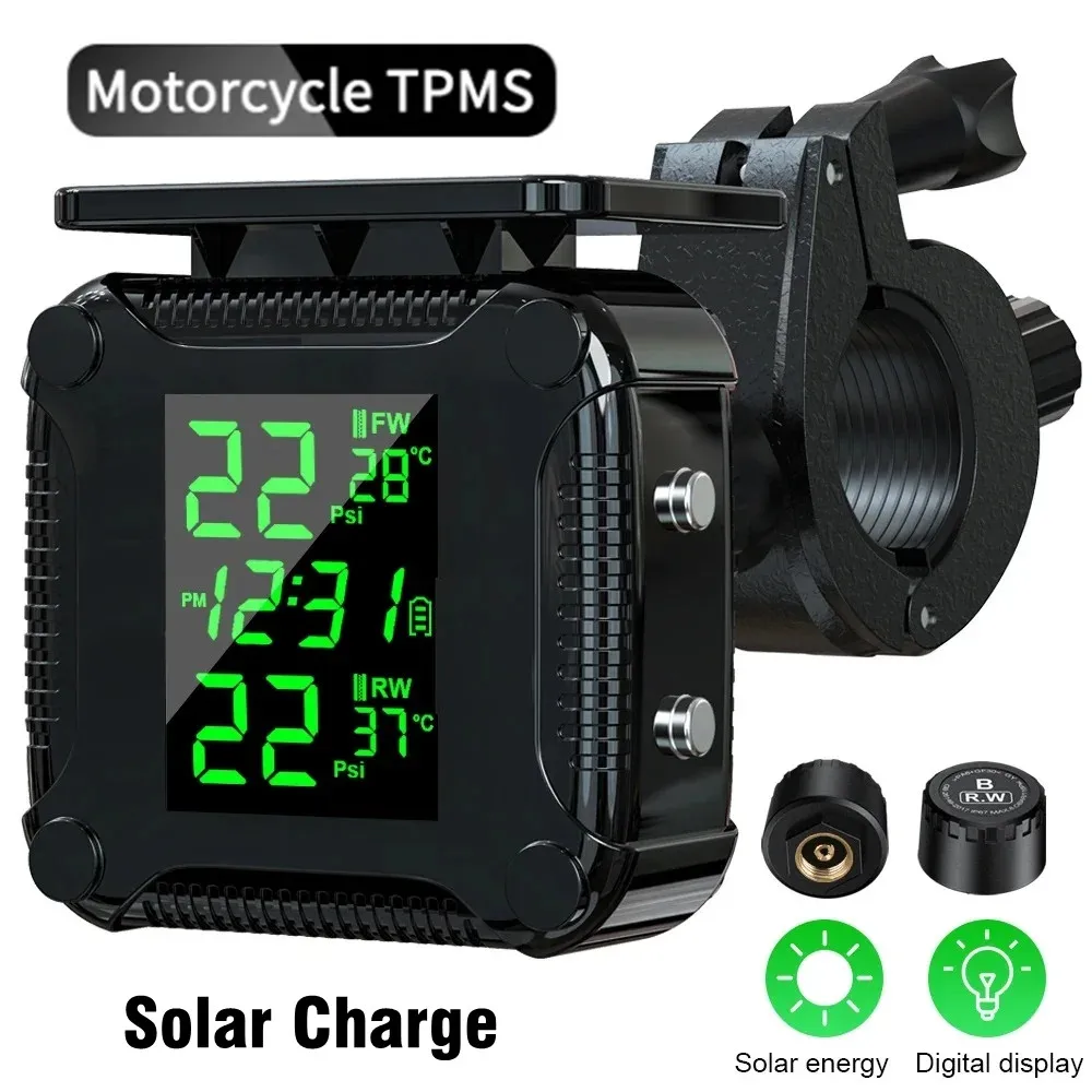 

Solar Charging TPMS Motorcycle Tire Pressure Sensors Motorbike Tire Pressure Monitoring System Tyre Temperature Alarm System