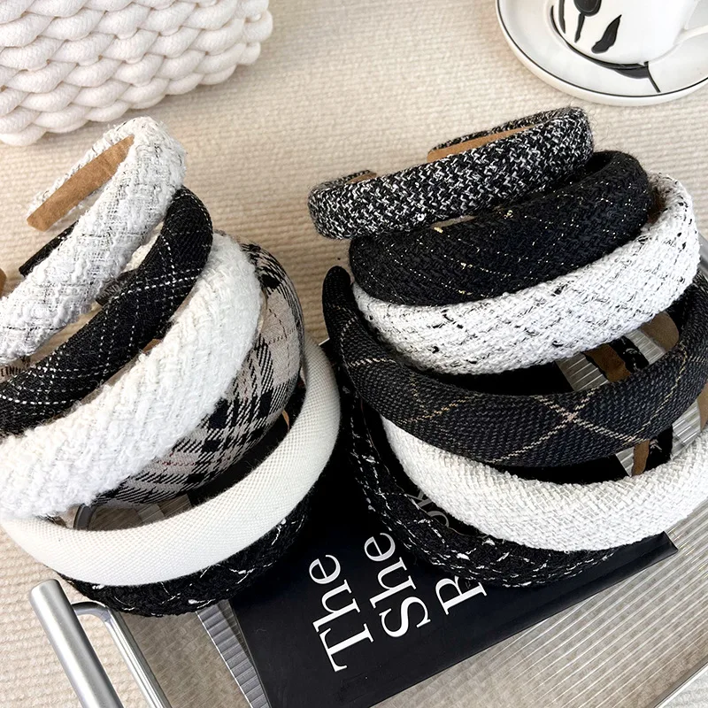 Fashion Black And White Plaid Headband Sponge Wide Hair Band for Woman Girl Elegant Hair Hoop Autumn/Winter New Hair Accessories