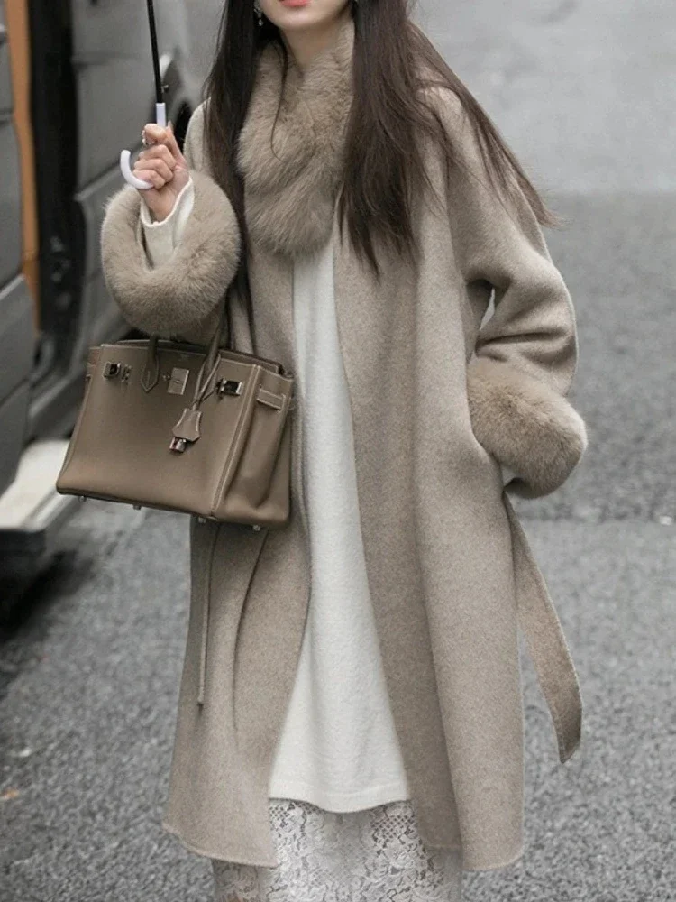 Giacca di lana Nuovo collo in vera pelliccia di volpe Giacca di lana di cashmere double face Donna O-collo lungo Abiti invernali eleganti femminili