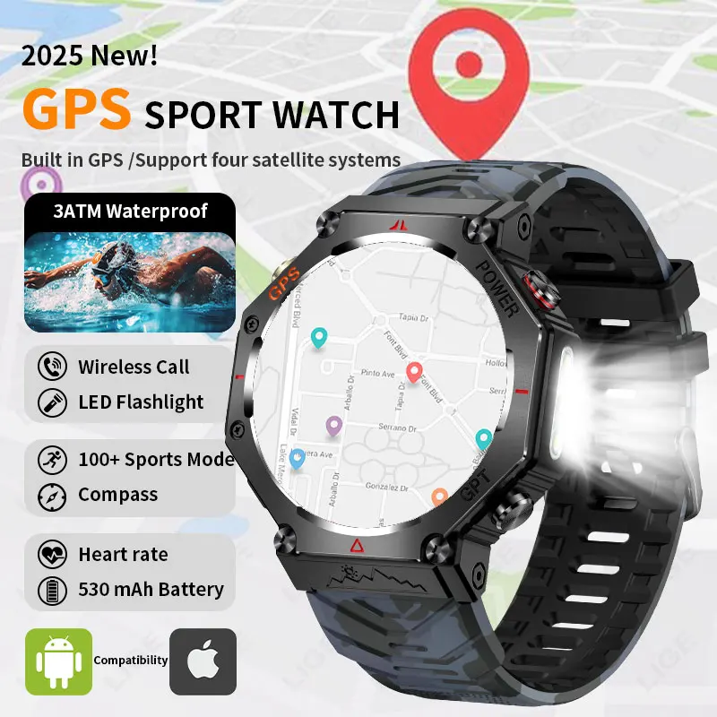 

LIGE 2026 Sports Watch 4 Satellite Systems GPS Motion Trajectory Waterproof Compass Bluetooth Call LED Flashlight Men's Watch