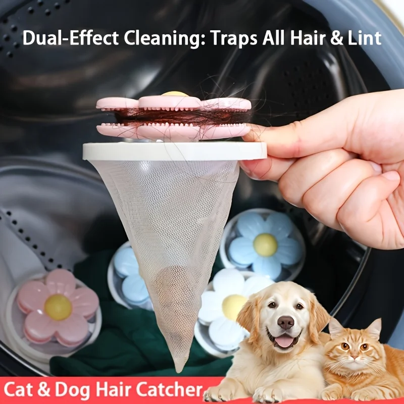 Double‑Layer Floating Hair Catcher, Flower‑Shaped Reusable Washing Machine Lint Filter, Multicolor Laundry Cleaning Accessory