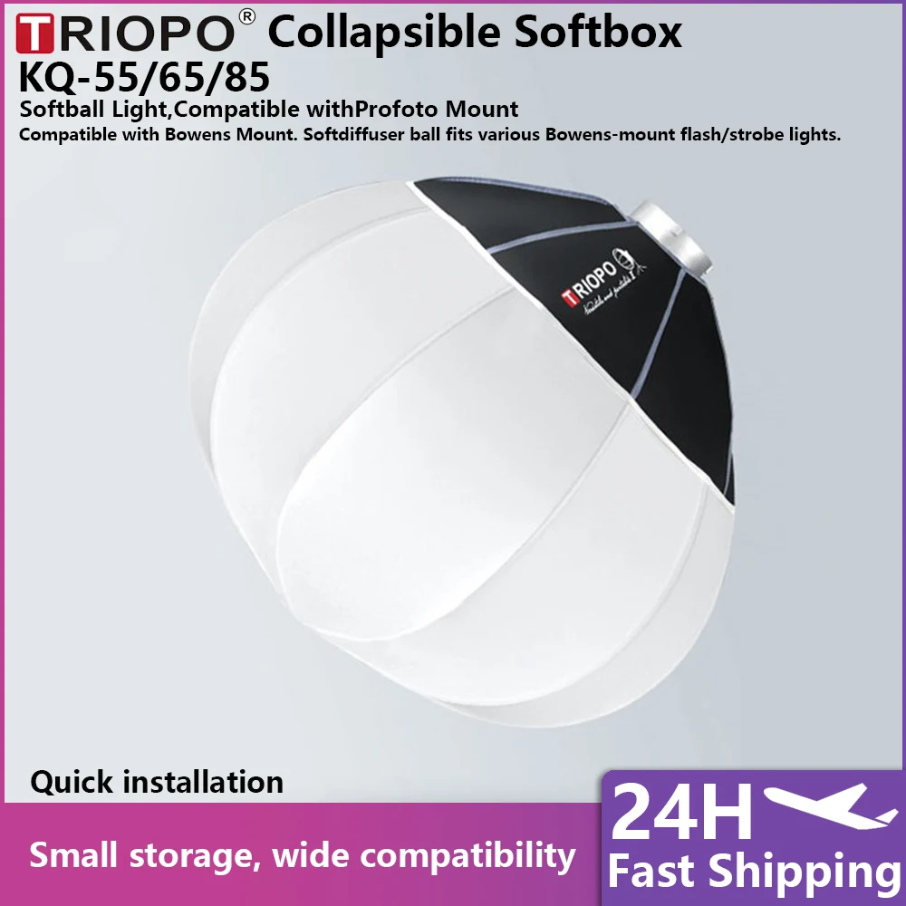 Triopo KQ‑55/65/85cm Spherical Lantern Softbox Quick‑Mount 360° Round Soft Box for Live Streaming Studio Photo Light Diffuser