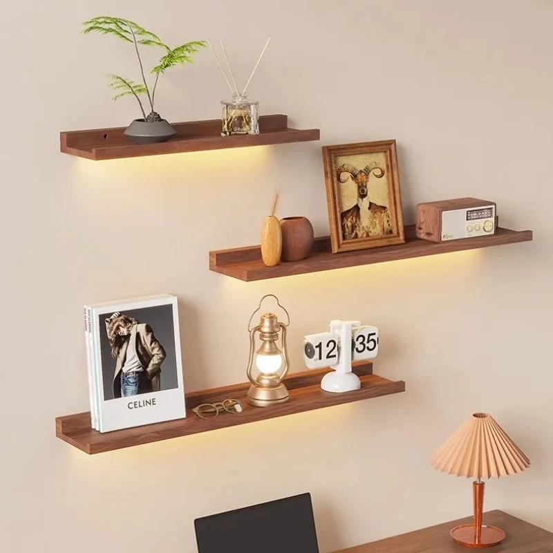 Solid Wood Wall Shelf with Light Rustic Floating Bookshelf Stylish Storage Shelf Display Organizer Imported Pine Shelf