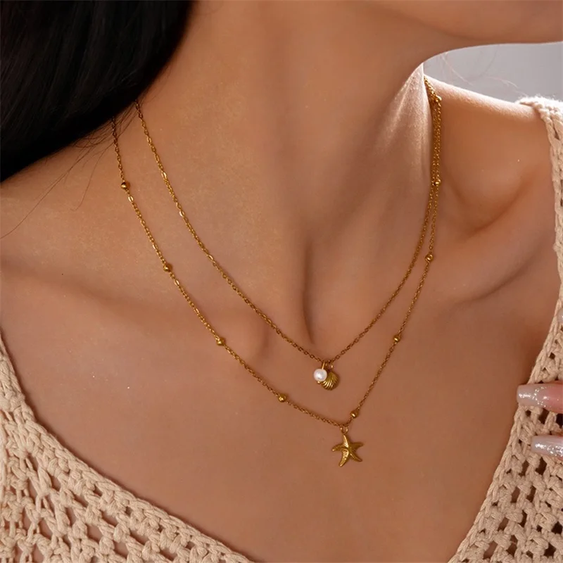 EILIECK 316L Edelstahl Doppelschichtige Pentagramm-Stern-Halskette für Frauen, Trendige Goldene Wasserdichte Halskette Schmuck – Detail 9