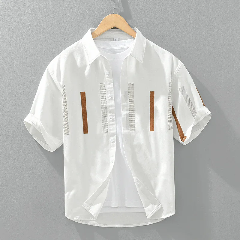 Summer Mens Short Sleeve Printed Pure Cotton Shirt Soft Full Cotton Half Sleeve Thin Shirt Personality Splicing Handsome Top