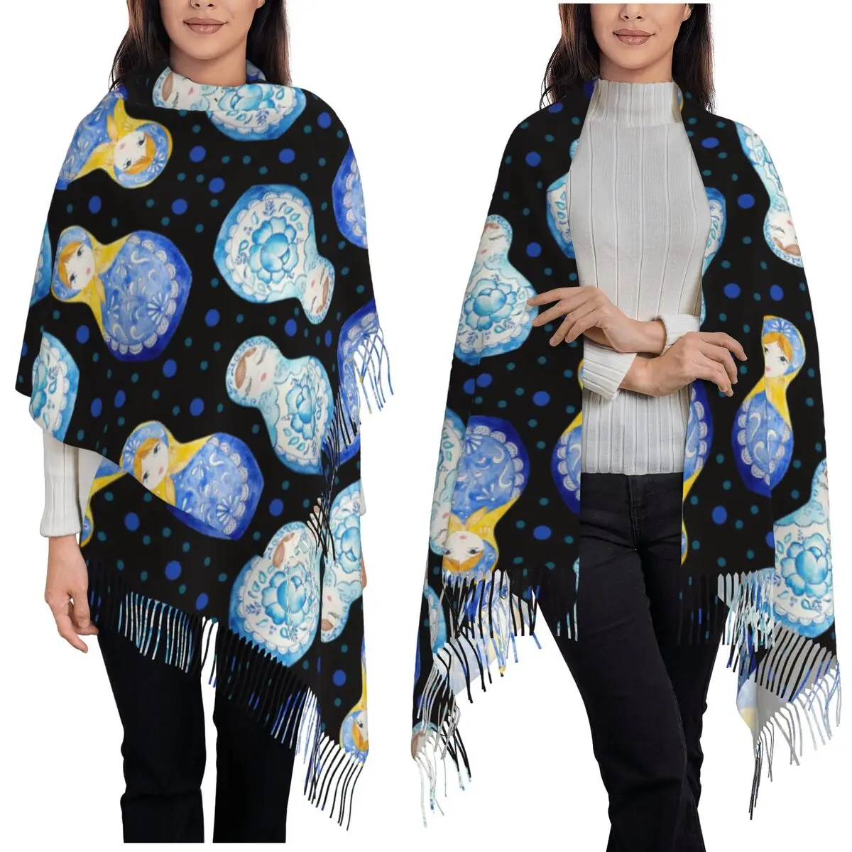 

Синий матрешка, шарф для куклы, шарфы с кисточками для женщин, мягкие теплые шали и накидки, длинная осенне-зимняя шаль