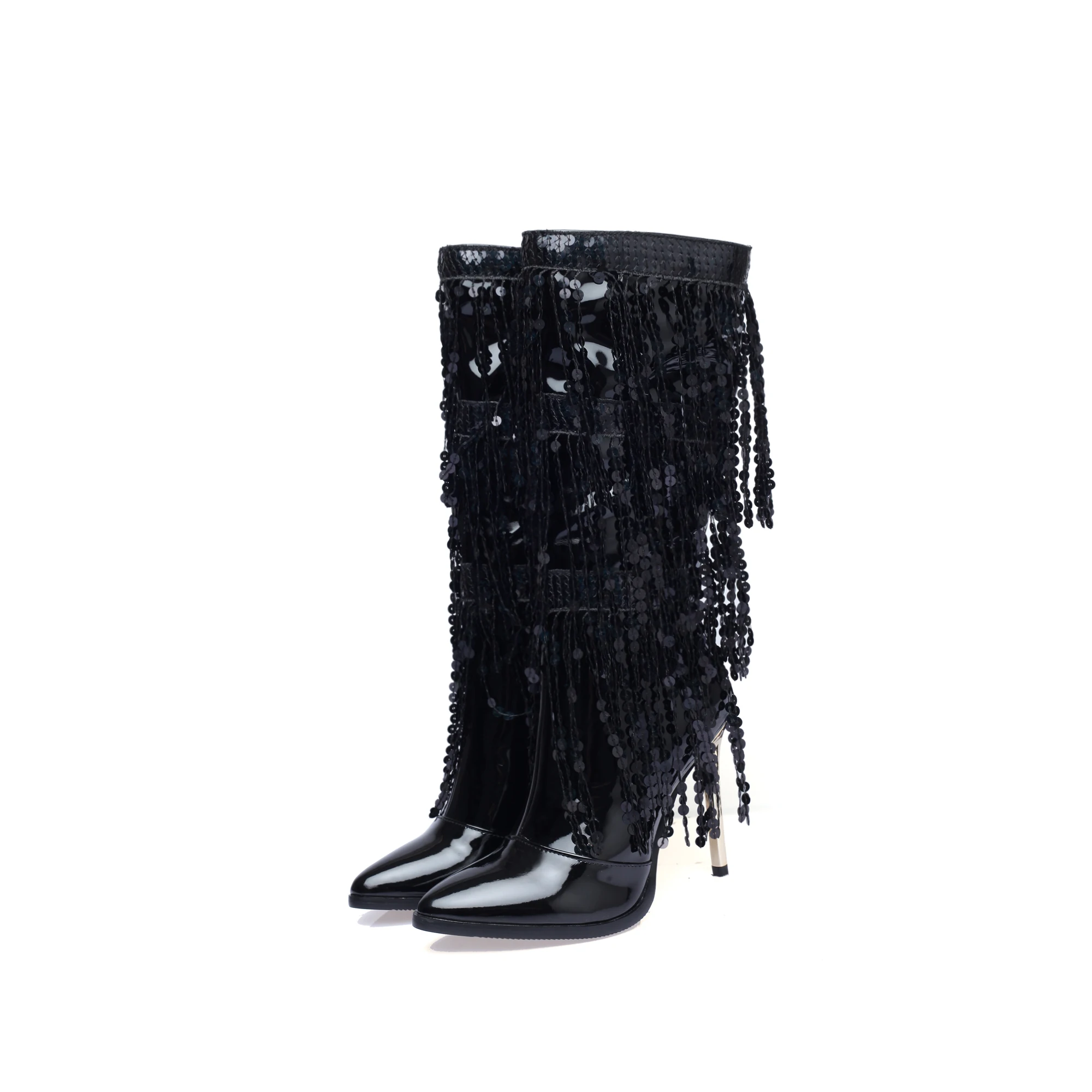 Bling Bling Wedding Shining Boots With Sequined Fringes Tassels Zip Up Pointed Toe Super Thin High Heels Mid-calf Women Boots