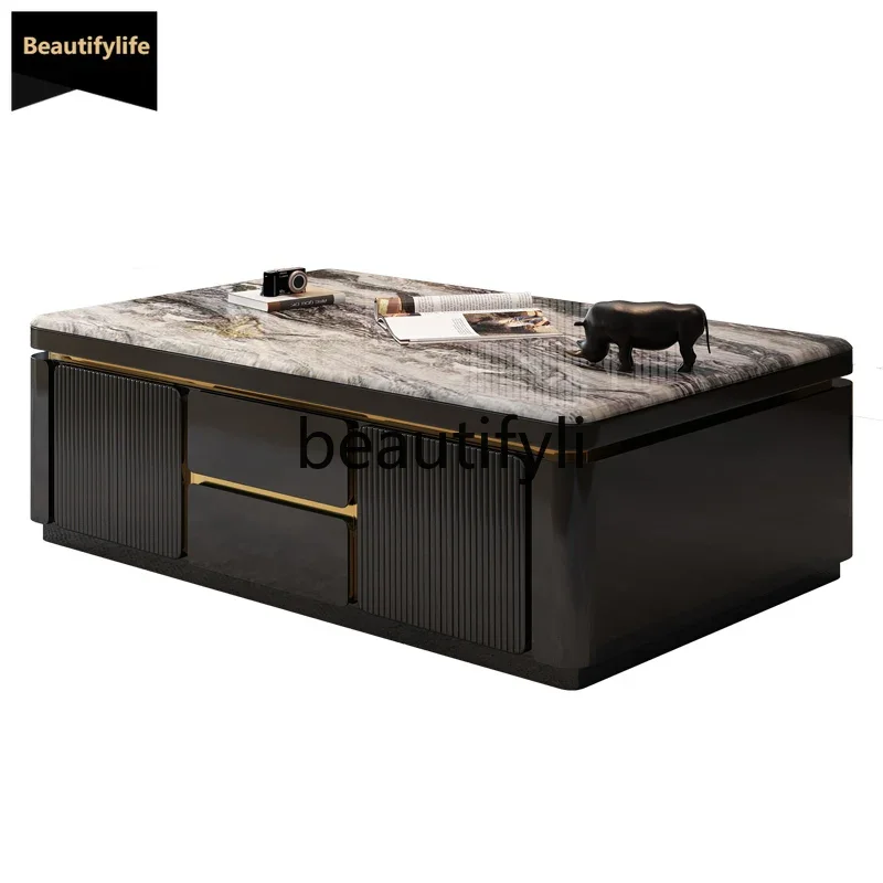 GG Natural Marble Venice Solid Wood Coffee Table Light Luxury High-End Feel Villa Living Room