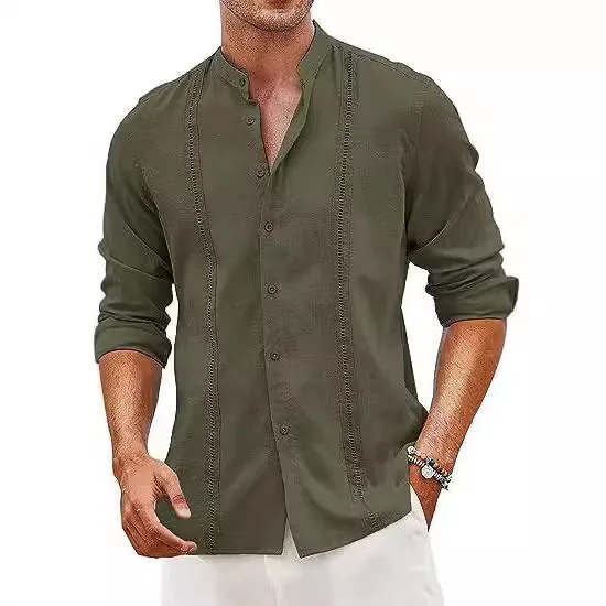 Men's Casual Button Summer Beach Vacation Cotton Linen Shirt Stand-Up Collar