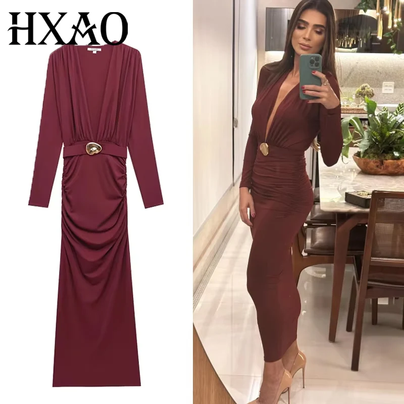 HXAO Rote elegante Partykleider 2025, geraffte Langarm-Abendkleider, Damen, Frühling, Sommer, figurbetont, Urlaub, langes Kleid, Damen 088