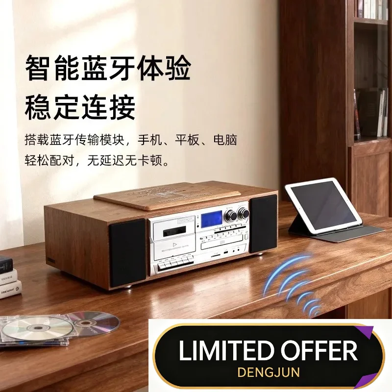 Vintage Wooden CD Cassette Player HIFI Bluetooth Speaker Desktop Album Tape Playback Home Stereo Audio Device