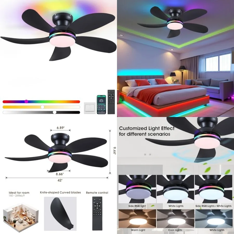 

42" Ceiling Fans with Lights and Remote/APP, Low Profile Ceilg Fans with Quiet Reversible DC Motor, Small Modern Flush Mount Ce