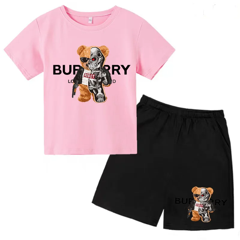 Children's Bear Print T-shirt 3-12Y Boys Girls Preschool Birthday Gift Top + Shorts 2P Brand Sports Jogging Charming Casual Se