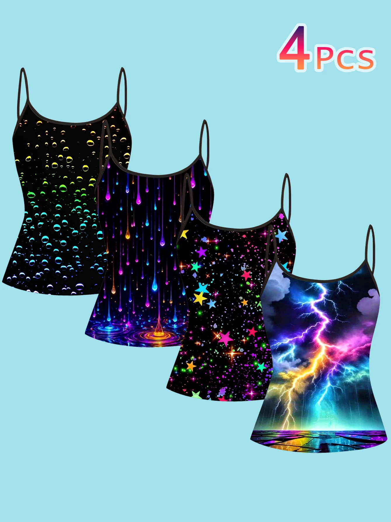 4-Piece Set of Women's Y2K Neon Light-Effect Printed Camisoles, Colorful Water Drop, Star, Lightning, and Starry Sky Slim-Fit Spaghetti Strap Tops