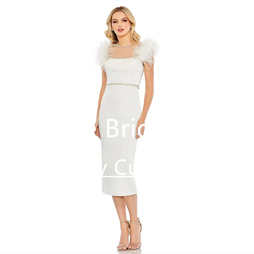 

Elegant Crew-Neck Wedding Gown With Crystal Feather Sleeveless Bridal Engagement Tea-Length Mermaid Zipper Vestido De Noiva